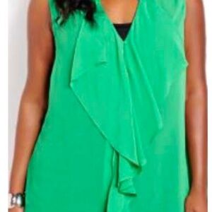 SLEEVELESS BLOUSE, MANDARIN COLLAR, KELLY GREEN, SIZE 24, POLYESTER, RUFFLE BUTT
